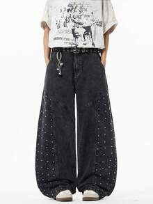 1 buc. Justice Brother American Casual Brand Blugi bărbătești, stil american, stil casual, cu decor nituri, pantaloni din denim tip patchwork, croială largă, croială lejeră (curea și accesoriile nu sunt incluse) - Negru - Vizualizare 8