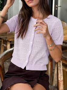 GIGOGOU Women's Breathable Knit Cardigan T-Shirt, Fashionable Short Sleeve Top, Spring/Summer - Purple - View 5