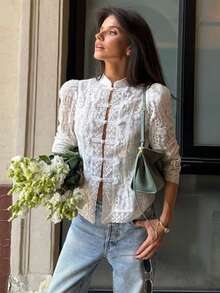 Women Long Sleeve Mandarin Collar Guipure Split Blouse Top Lace Floral Puff Sleeve Button-Down Shirt Slim Fit Elegant Sheer Tops Party Clubwear - 杏色 - 查看 2