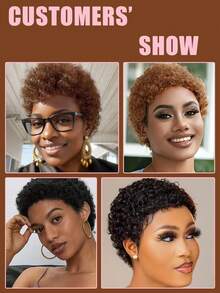 Perucas Pixie Cut Sem Cola, Peruca de Cabelo Misturado para Mulheres, Cabelo Curto Afro Crespo, Feita à Máquina, Adequada para Iniciantes, Sem Renda, Preto Natural - S1 - Visão 4