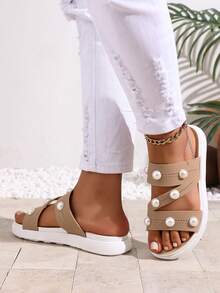 Damen Flache Sandalen, Dicksohlige Pantoffeln für den Sommer Outdoor Outfit, Modische Haushalts-Rutschfeste Mutterschuhe mit dicker Sohle, Weichboden Keilabsatz Slide Sandalen - Khaki - Übersicht 4