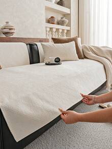 1pc Solid Color Chenille Linen-Like Textured Sofa Cover, Minimalist Ins Style Design, Pet Friendly, Durable & Washable, Suitable For Living Room, Bedroom, Study, Outdoor, Fits 1/2/3/4 Seater Sofa - Beige - View 5