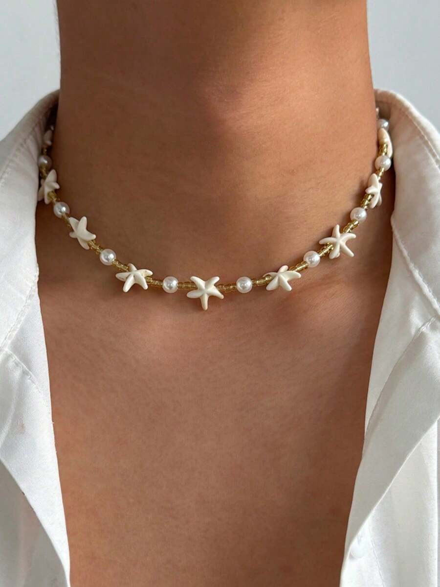 1件休闲百搭白色绿松石海星ABS仿珍珠串珠项链，适合男士日常佩戴、海滩、旅行和度假。 - 白色 - 查看 1