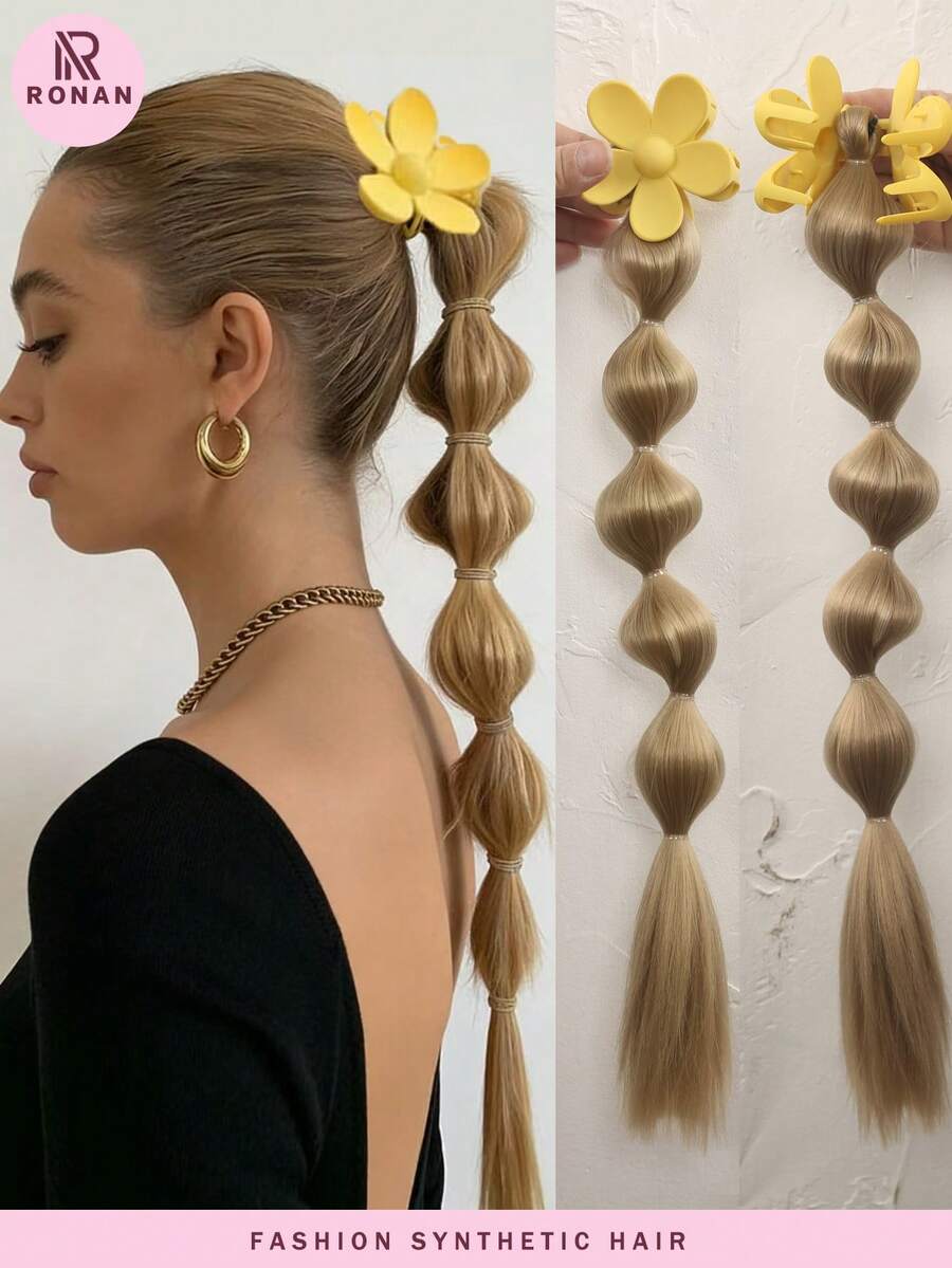 18 Inch 1 Pc Handmade Bubble Braid Ponytail Wig, Hair Extension With Clips, Heat Resistant, Suitable For Women