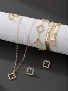 一套时尚首饰，包括：一条镂空四叶草吊坠项链、一副耳环、一枚戒指、一条手链、一个手镯，奢华优雅设计，夏季饰品 - 金色 - 查看 1