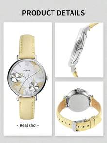 Fossil Đồng hồ nữ họa tiết hoa 3D, dây da màu vàng nhạt, mặt số khảm xà cừ, kiểu dáng dễ thương, phù hợp đeo hàng ngày, xem ngày, hoặc trong những dịp thường ngày. - Màu vàng - Xem 7
