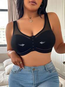 1pc Plus Size Front Closure Bra, Mesh Panel Wide Strap Non Underwire Bra, Comfort Support Everyday Wear Women Intimates Lingerie - Black - View 5