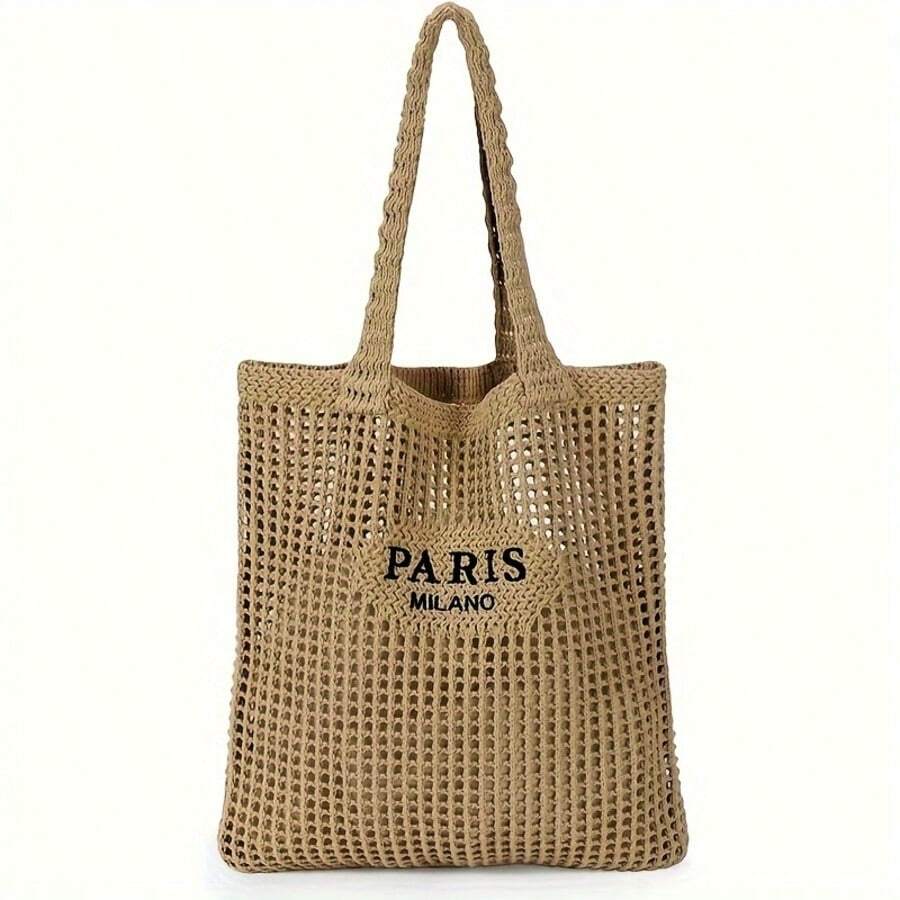 A Women'S Knitted Tote Bag - Paris Letter Opening Shoulder Bag, Breathable Beach & Travel Bag, Hand Washable Fabric, Casual Shopping Accessory, Durable Woven Design, Exclusive For Fashion Enthusiasts - 卡其色 - 查看 1