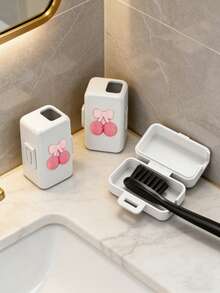Cute Cherry Bow Travel Toothbrush Case With Cover, Portable Plastic Toothbrush Holder With Built-In Brush Storage, Kawaii Cherry Design Toothbrush Container For Travel & Bathroom, Ideal For Daily Use & Travel, Suitable For Women, Teens & Kids, Perfect For Easter, Back To School & Gifting, Plastic Material, Versatile As Toothbrush Case, Bathroom Organizer & Travel Accessory - Multicolor - View 1