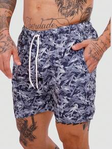 Men's Basic Blue Foliage Shorts In Tactel Fabric With Pockets And Drawstring - Ideal For Beach, Training, And Running. - Abstract Gray/black - View 3