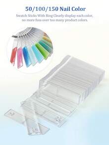 50/100/150 piezas Tarjetas de exhibición de color de esmalte de uñas transparentes rectangulares y en forma de abanico con anillos de metal, palitos de color de esmalte de uñas acrílicos para salón de uñas y práctica casera DIY - transparente - Ver 10