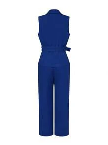 一套纯色腰带和西装领，休闲办公装，春夏款 - 藍色 - 查看 4