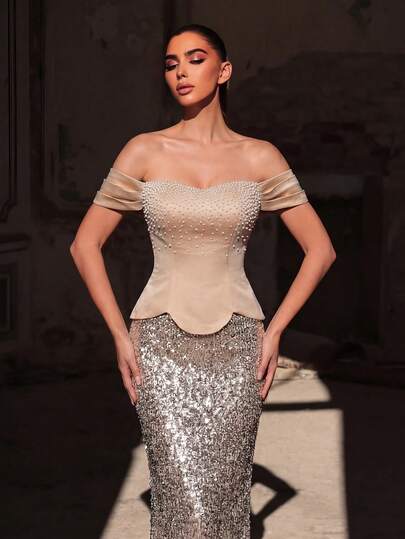 Faeriesty Women's Elegant Off-Shoulder Evening Dress - Beaded Tight Top With Sequin Mermaid Skirt, Fitted Silhouette Suitable For Formal Weddings, Red Carpet Events, Charity Galas And Luxury Parties