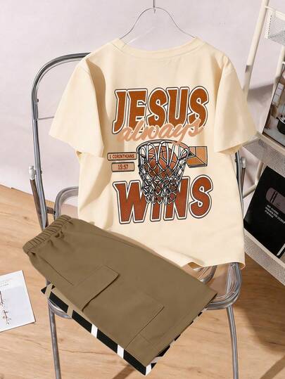 2pcs Tween Boys' Summer Set: Short Sleeve T-Shirt And Shorts - Printed With "Basketball" Shooting And Fun English Letter Patterns, Brand New Comfortable Summer Outfit