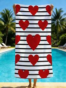 1pc Heart Striped Printed Ultra-Soft Microfiber Beach Towel, Available In Multiple Sizes Beach Blanket, Lightweight, Suitable For Swimming, Camping, Sports, Beach Or Gym - Heart Stripes - View 5