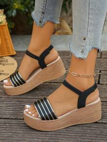 1 Pair Summer Wedge Sandals For Teenagers, Suitable For Daily Outings, Vacation, Beach, Fashion Versatile, Lightweight, Comfortable Casual Thick-Soled Sandals - Black - View 4