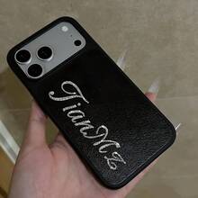 Funda de teléfono de cuero PU personalizada con letra de nombre de strass, textura de litchi, adecuada para iPhone 17 Pro Max, 17, 16, 15, 14, 13, 12 Pro Max, funda de teléfono antideslizante - Negro - Ver 4
