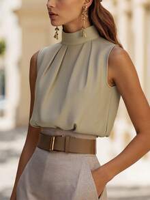 Vuslat Damen Sommer modischer lässiger Büro-Pendler-Ärmellose Rollkragen-Reißverschluss-Rücken-Design Weste, geeignet für Lässig, Pendeln, Soziales, Business-Casual, Büro-Businesskleidung - Khaki - Übersicht 3