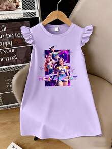 1pc Girls' Ruffle Sleeve Dress, Featuring "NOVA BEAT" Korean Style Graphic Print, Soft & Comfortable Fabric, Suitable For Daily Wear, Casual Outings, And Spring/Summer Gatherings - Mauve Purple - View 3