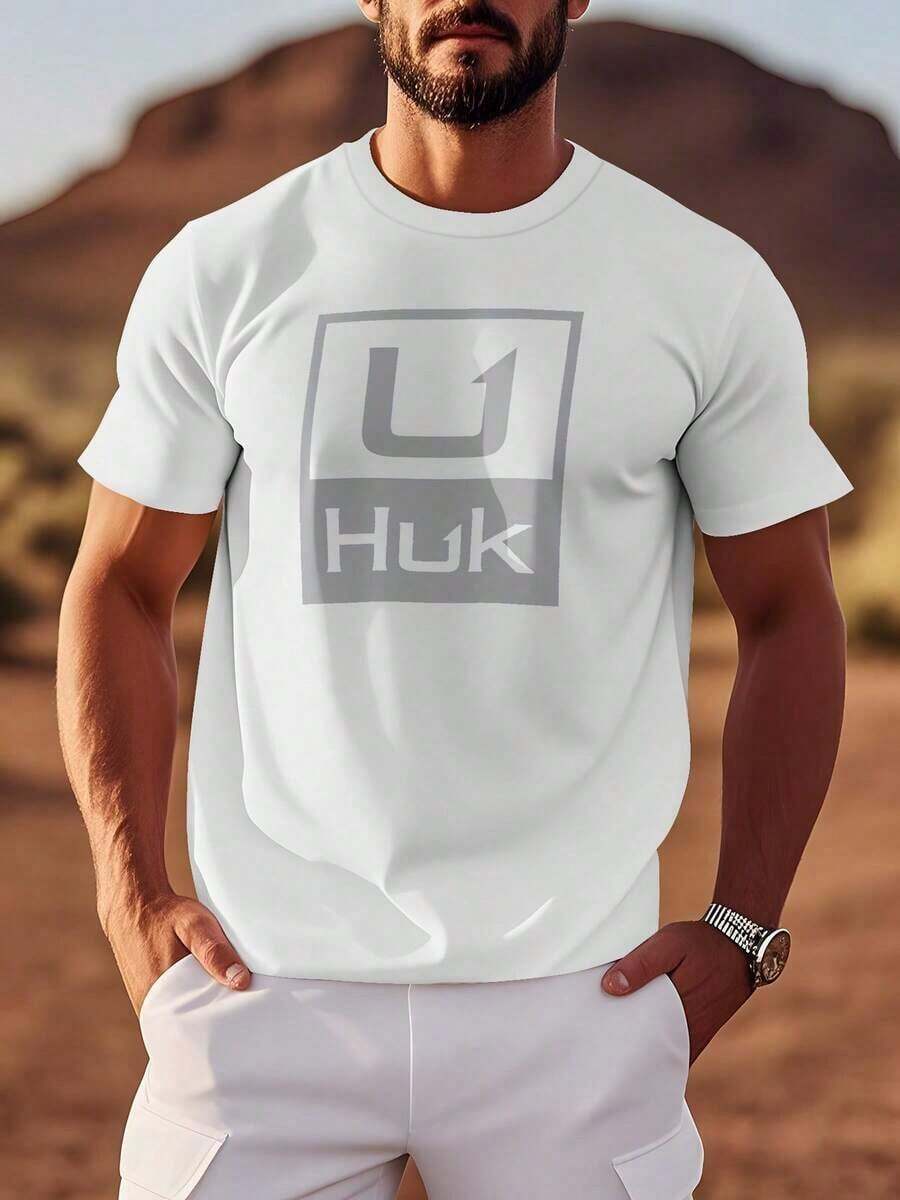 Summer Clothes Men'S Lightweight HUK Graphic T-Shirt - Breathable & Stylish, Casual Round Neck Tee With Unique Print Design, Perfect For Casual Attire Summer Outfits For Women Summer Clothes - 白色 - 查看 1