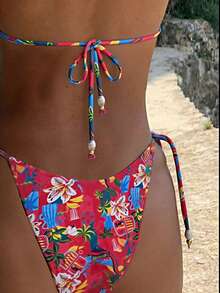 Bộ bikini hai mảnh kiểu dáng gợi cảm buộc dây, họa tiết hoa bất đối xứng, đính hạt cườm, thời trang mới năm 2026, thích hợp cho kỳ nghỉ hè của nữ. - Nhiều màu - Xem 9