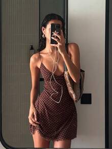 Đầm ngắn gợi cảm thời trang mùa hè in chấm bi hở lưng dây buộc dành cho nữ - màu nâu - Xem 2