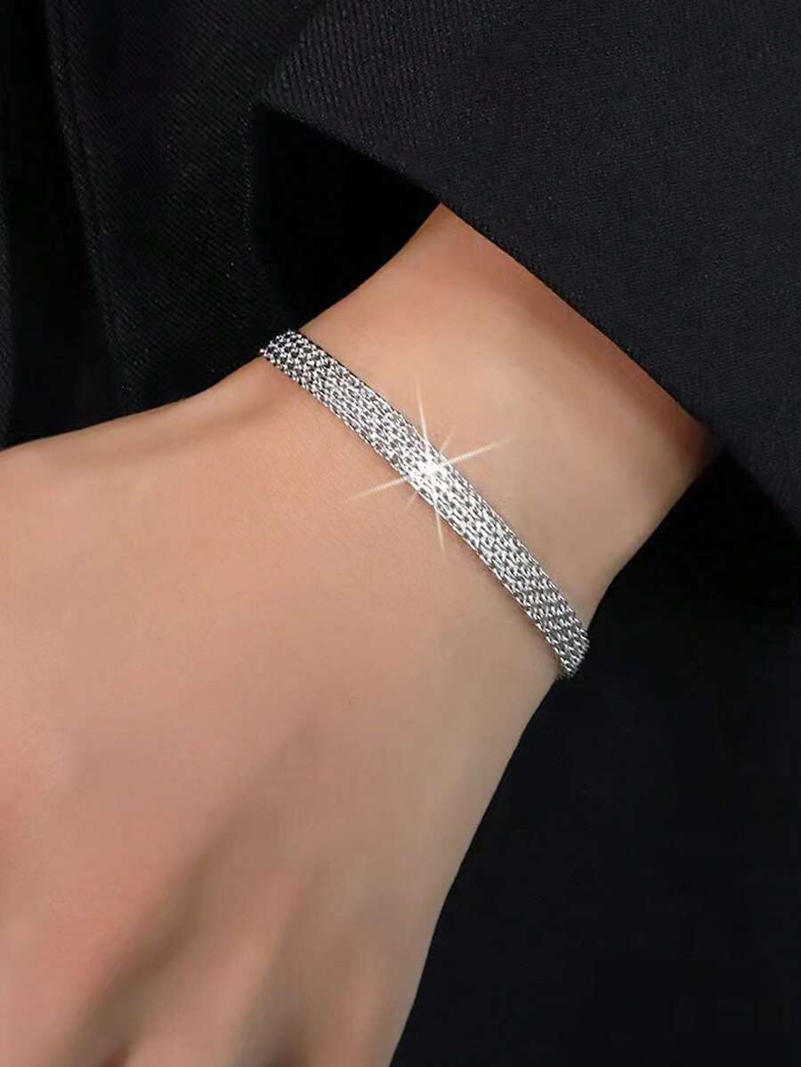 1 chiếc vòng tay bằng bạc Sterling S925, kiểu dáng tối giản, độc đáo, họa tiết hình học đan xen, thích hợp cho nữ giới đeo hàng ngày. - Bạc - Xem 1