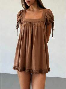 Women Puff Sleeve Babydoll Mini Dress Y2K Lace Trim Ruffle Flowy Dresses Summer Loose Swing Going Out Sundresses - Coffee - View 1
