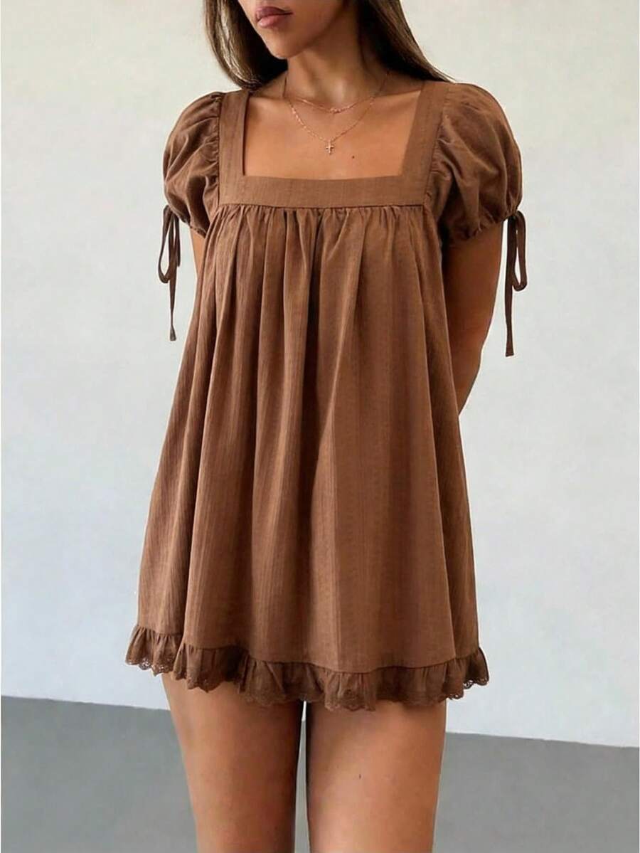 Women Puff Sleeve Babydoll Mini Dress Y2K Lace Trim Ruffle Flowy Dresses Summer Loose Swing Going Out Sundresses - Coffee - View 1