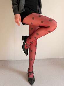 Retro Large-Scale Polka Dot Pantyhose, Fashionable Multi-Color Contrasting Polka Dot Stockings, Sweet, Cool, Ish Style Leg Accessories, Ultra-Thin Transparent Base Layer  Pantyhose For Women. - 酒紅色 - 查看 4