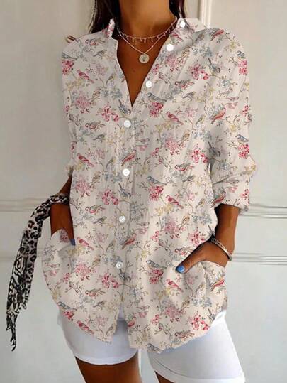 女士休闲/通勤波西米亚几何印花长袖衬衫