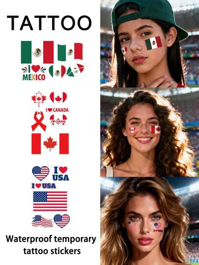 1Pc Flag Tattoo Temporary Tattoo USA Canada Mexico Football Waterproof Sweatproof Disposable For Women And Mem Face, Arm, Waist, Chest, Leg, Abdomen, Neck, Hand, Finger, Back For Dancing Party Stage Performance Modernist Body Art