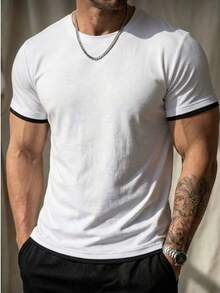 GRDR 男士夏季纯色简约圆领撞色短袖T恤 | 休闲百搭，适合外出、聚会、通勤等各种场合 - 白色 - 查看 3