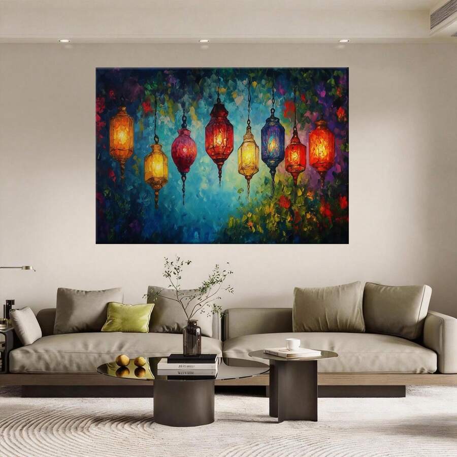 Con marco Arte de Pared Horizontal Moderno 2D Plano, 1 Pieza - Lienzo Enmarcado en Madera con Farol Colgante y Póster, Marco Envolvente para Exterior, Pintura en Lienzo, Decoración Colorida para Sala, Dormitorio, Oficina - Decoración para Todo el Año (Montaje con Gancho, 2D Plano).Disponible en tamaños de 20.83 x 30.99 cm o 30.99 x 46.23 cm - Enmarcado - Ver 1