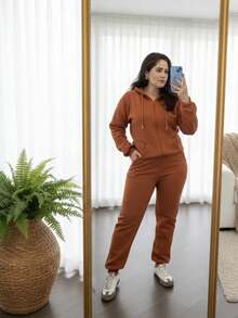 Women's Winter Tracksuit Set: Jacket With Zipper And Hood, Casual Jogger Pants. Comfortable, Warm, And Stylish. Sporty Look, Gym, Travel, Everyday Wear. - 駝色 - 查看 2