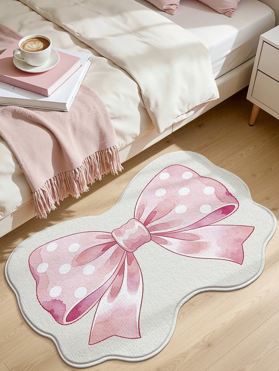 DAJIANG 1pc Cute Pink Bow Pattern Wool Rug Doormat, Suitable For Bathroom, Kitchen, Outdoor, Indoor, Bedroom, Living Room, Machine Washable, Easy To Clean, Non-Slip Bottom, Applicable For Bedroom Decor, Bathroom Decor, Holiday Decor, Room Decor, Outdoor Decor