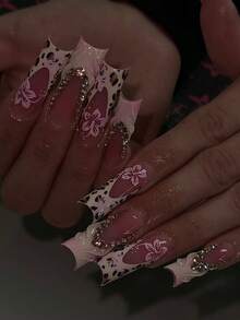 24片Y2K风格3D凝胶美甲贴，包含花卉、水钻和豹纹图案，粉色渐变豹纹法式美甲贴，持久贴合假指甲套装，附赠1瓶果冻胶和1把指甲锉，易于佩戴的法式美甲贴，适合女性和女孩日常嘉年华派对美甲用品 - 粉色 - 查看 1