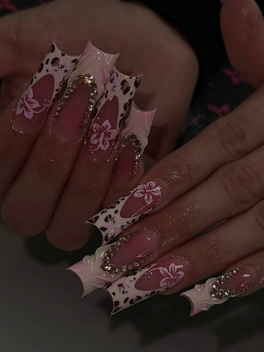 24片Y2K风格3D凝胶美甲贴，包含花卉、水钻和豹纹图案，粉色渐变豹纹法式美甲贴，持久贴合假指甲套装，附赠1瓶果冻胶和1把指甲锉，易于佩戴的法式美甲贴，适合女性和女孩日常嘉年华派对美甲用品 - 粉色 - 查看 1