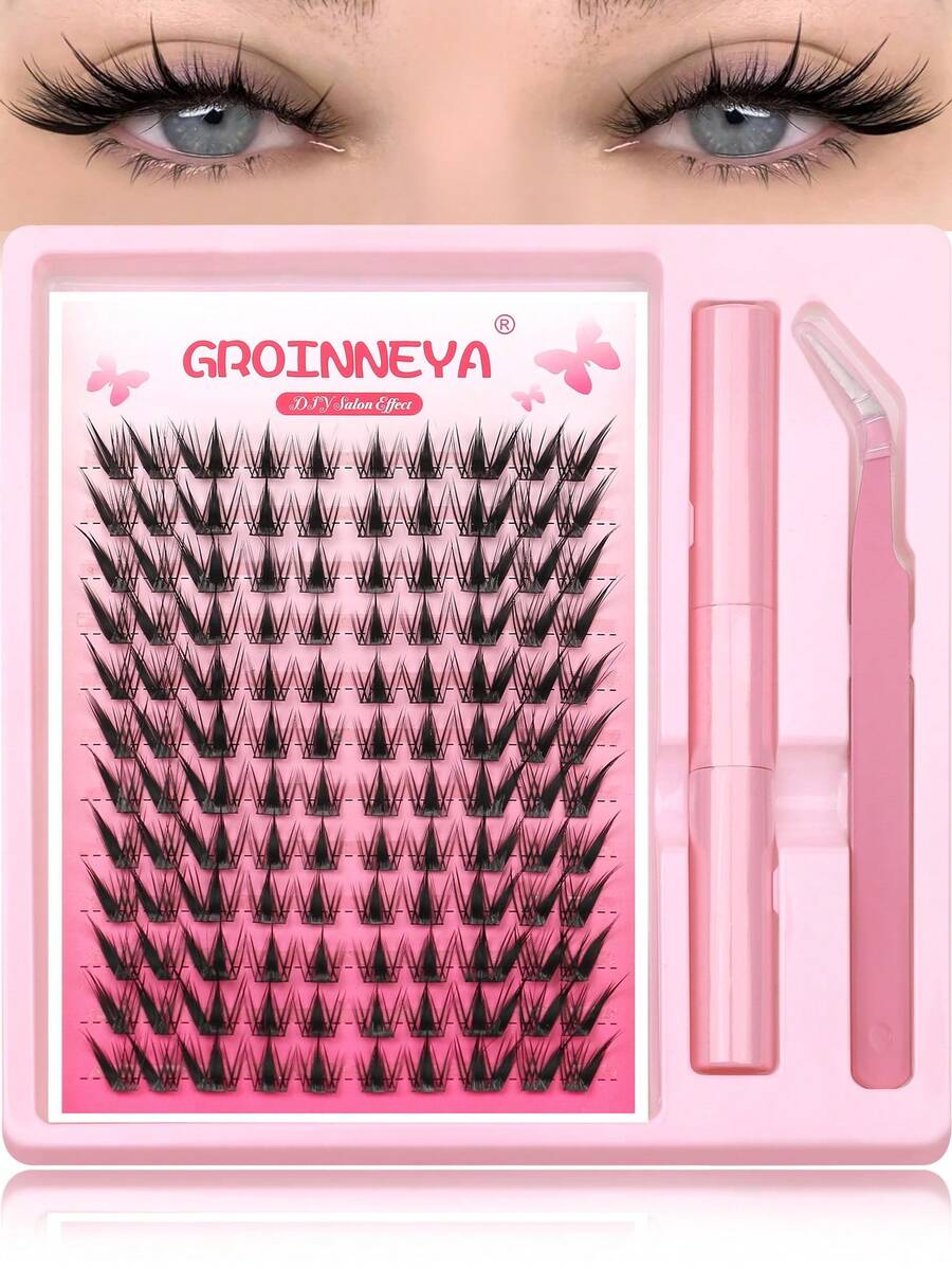 GROINNEYA 12排卡通風格假睫毛組,C捲DIY單簇睫毛,打造自然濕潤妝感,卡通蝴蝶效果,適合日常、婚禮、戶外、旅行 (PC08) - 黑色 - 查看 1