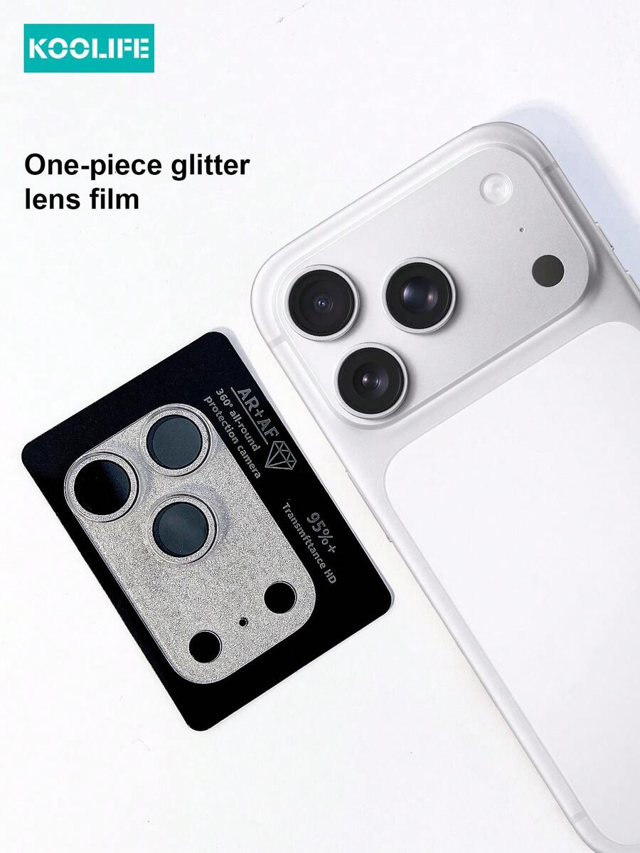 Koolife 1pc Glitter Lens Protector, Full Coverage High Definition Transparent Protection, Bubble-Free Application, Waterproof, Anti-Drop, Anti-Scratch, For IPhone 18 Pro/18 Pro Max/17/17 Pro/17 Pro Max - Silver - View 1