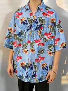 Tropical Paradise Pattern Symbolizing A Vibrant Summer Spirit Filled With Blooming Flowers And Lush Green Leaves Radiating Vitality And Joy 3D Printed Men's Short Sleeve Casual Button Up Shirt - A508D-AT23233 - 查看 1