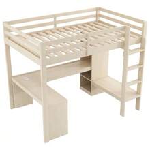 140x200 Loft Bed With Multifunctional Shelves, Under-Bed Desk, LED Lighting And USB Port, White - Apricot - View 4