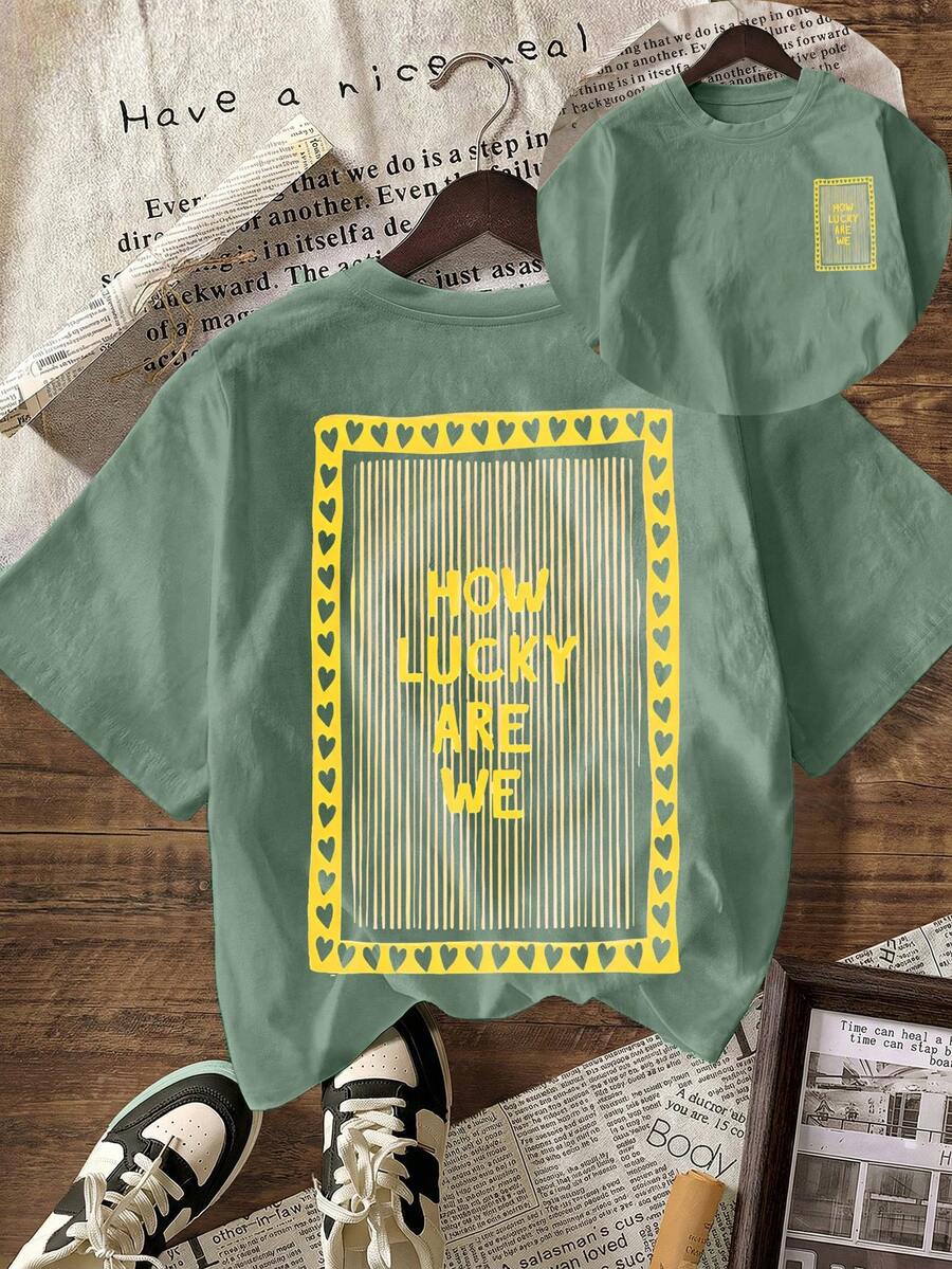 How Lucky Are We Women Summer Tops, Holiday Outfits, T-Shirts, Casual Blouses, Plus Size Round Neck Short Sleeve T-Shirts - Green - View 1