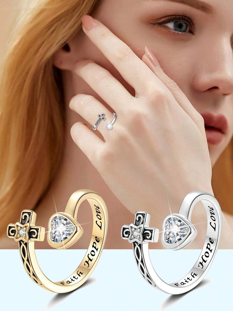 1 chiếc nhẫn hình thánh giá mạ vàng, đính đá Cubic Zirconia, có thể điều chỉnh kích cỡ, trang sức Cơ đốc giáo, quà tặng cho phụ nữ. - Nhẫn - Xem 1