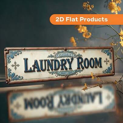 2D平面复古“洗衣房”墙饰牌 - 乡村蓝白装饰牌，带边框，易于安装，10x40厘米/3.9x15.7英寸，适用于家居、咖啡馆、卧室、车库、书房、办公室、洗衣房装饰