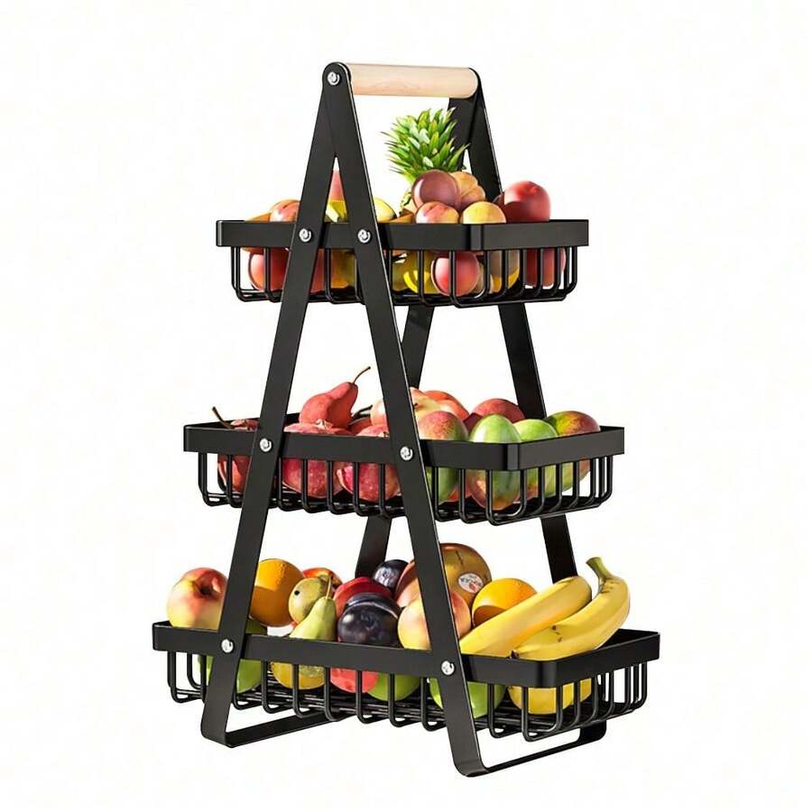 Luminpool 2 & 3 Tier Fruit Basket,Vegetable Rack,Bread Basket With Wooden Handle, Multifunctional Storage Rack, For Kitchens Home,Office - Negro de 3 niveles - Ver 1