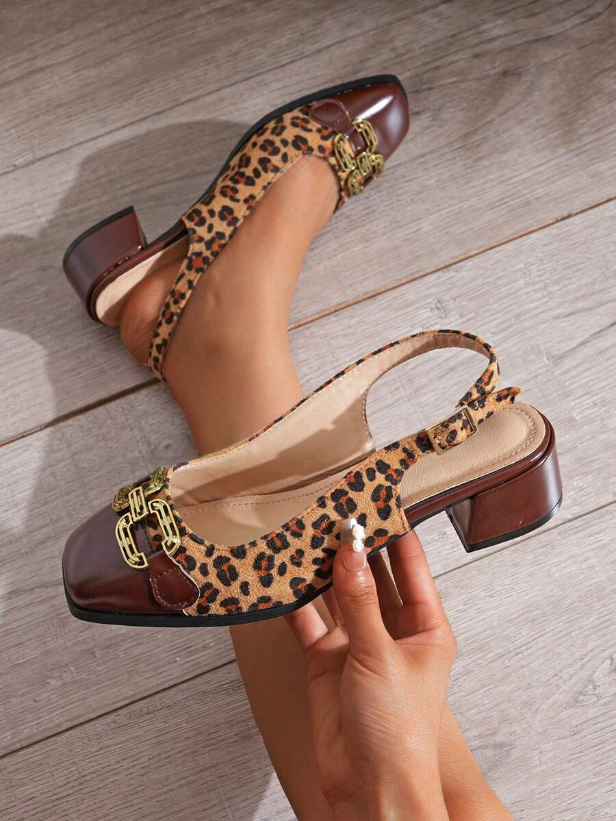 Women's Fashion Brown Leopard Print Retro Suede And Glossy Leather Patchwork Chunky Heel Pumps, Stylish And Comfortable For Daily Wear And Dates - Brown - View 1
