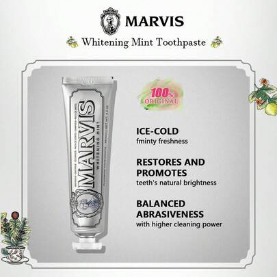 Marvis 85ml Whitening Mint Toothpaste, Gentle Whitening Formula, Brightens Tooth Enamel, Fights Plaque And Tartar, Fresh Mint Scent, Luxury Italian Toothpaste. 85ml/2.87 Fl Oz