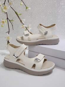 1 Pair Summer New Buckle Sandals, Sporty Style Wedge Heel, Lightweight Hook & Loop, Thick Sole Anti-Slip, Casual Versatile Beach Shoes - White - View 6