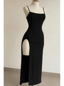 Women's Black Long Dress In Spandex With Padded Cups, Open Back, Laced Detail, And Sensual Slit. - màu đen - Xem 4